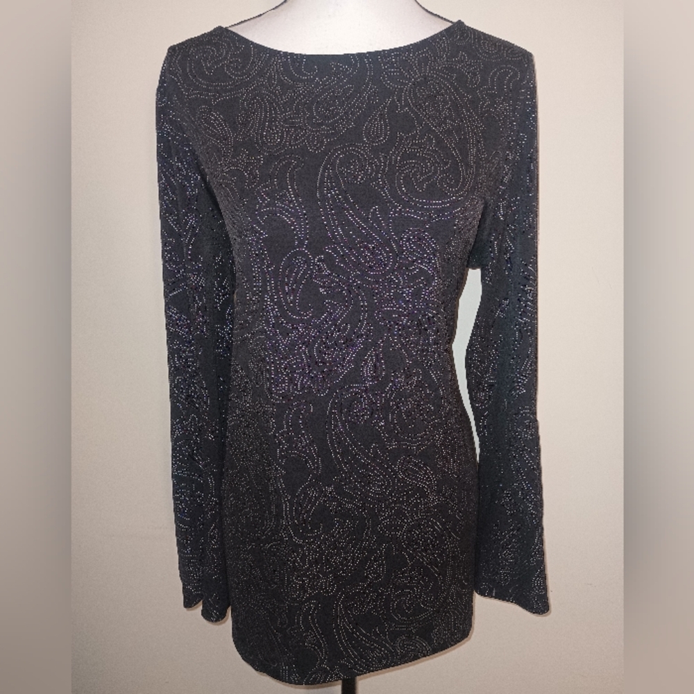 Susan Graver Shimmer Stretch Black and Silver With Bell Sleeve Blouse